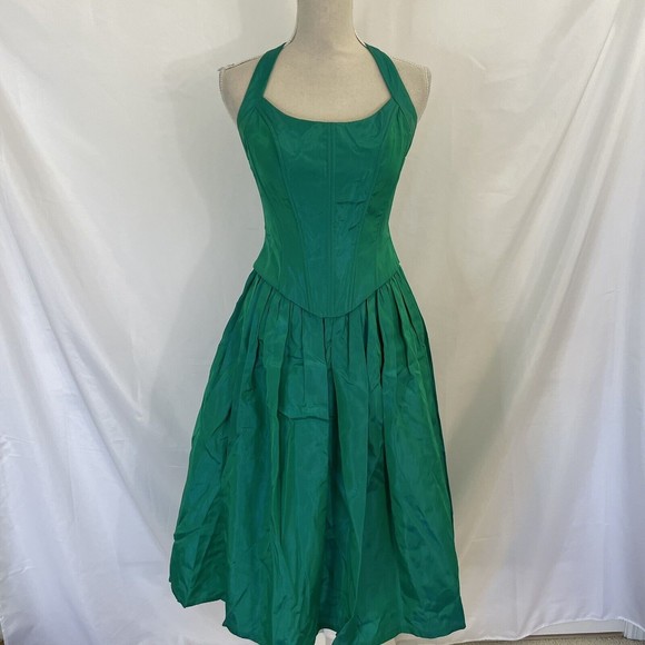 VTG jessica mcclintock Metallic Green gunne sax dress Corset Midi dress Sz 3/4 - Picture 2 of 8
